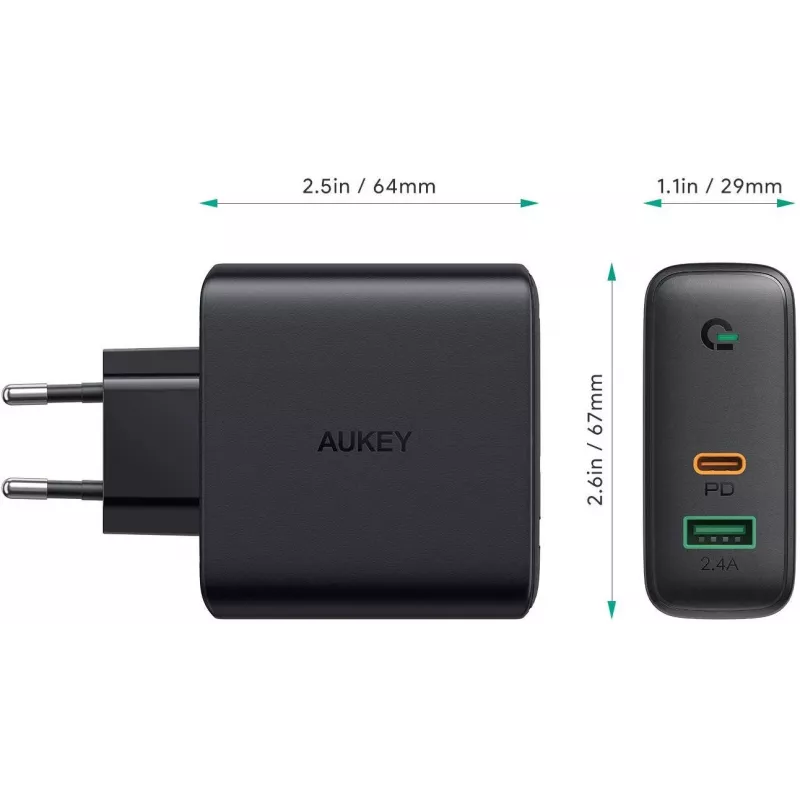 Aukey PA-D3 Sieninis įkroviklis 2xUSB Power Delivery (1xUSB + 1xUSB C) 5.4A 60W Dynamic Detect