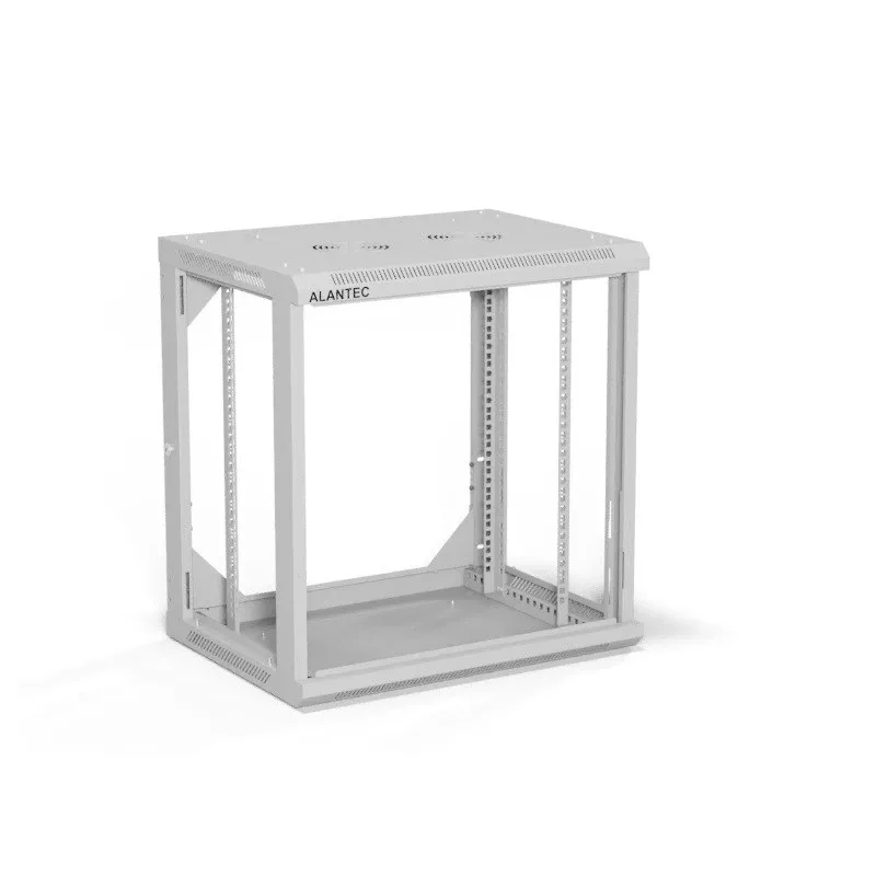 Sieninis 19 colių spintos korpusas Alantec 12U 600x450 mm, vienos stiklo durys, nuimami pilni galiniai ir šoniniai dangteliai, užrakinamas, 4 tvirtinimo bėgeliai, pilka, plokščia pakuotė