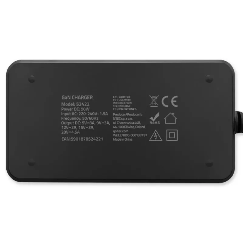 Qoltec 90W GaN Super Fast SLIM Wall Charger | XP | 5-20V | 4.5A | USB-C 3.1 | Nešiojamam kompiuteriui | MacBook | Išmaniajam telefonui | + laidas