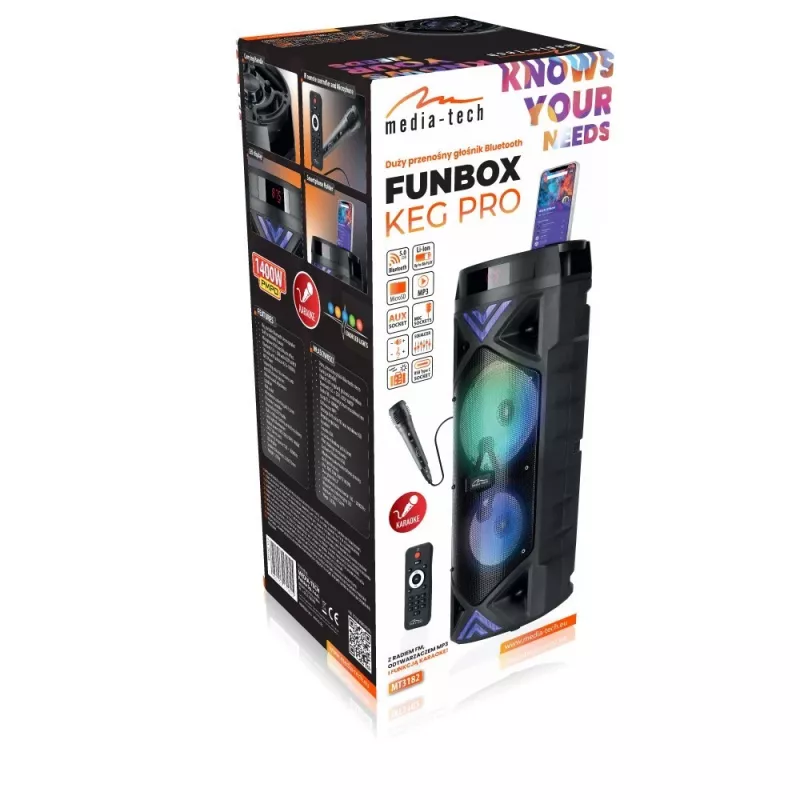 MEDIA-TECH POWER AUDIO BT FUNBOX KEG PRO MT3182 – nešiojamas Bluetooth garsiakalbis su karoke