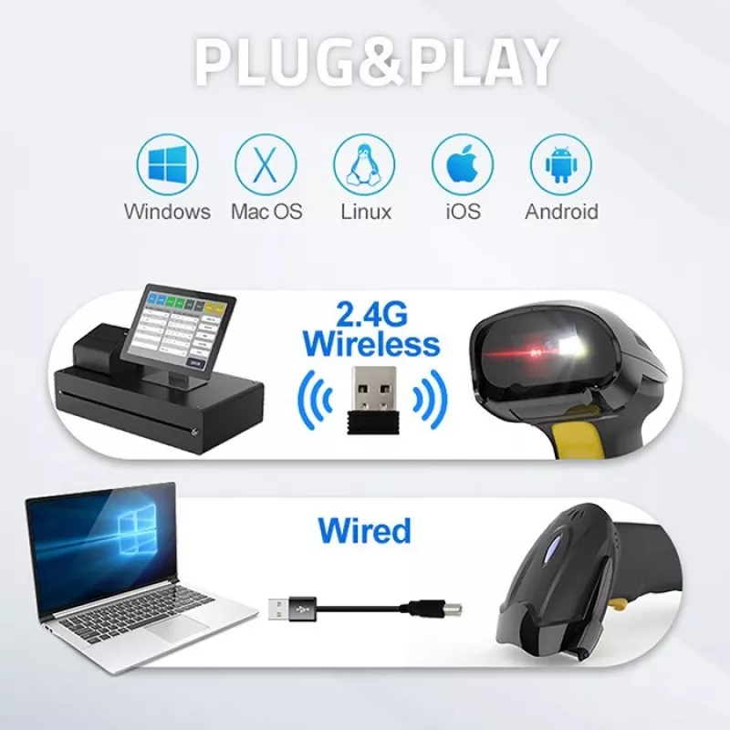 Belaidis brūkšninių kodų skaitytuvas QOLTEC 50856 – 1D ir 2D, USB, ABS korpusas, 170×62×100 mm, 203 g