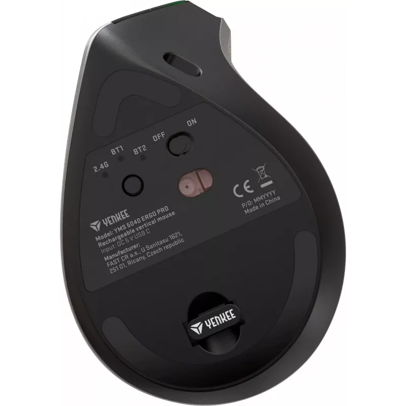 Yenkee YMS 5040 ERGO PRO belaidė vertikali pelė su dvigubu ryšiu 2.4 GHz / BT 5.0 / BT 3.0, baterija, juoda