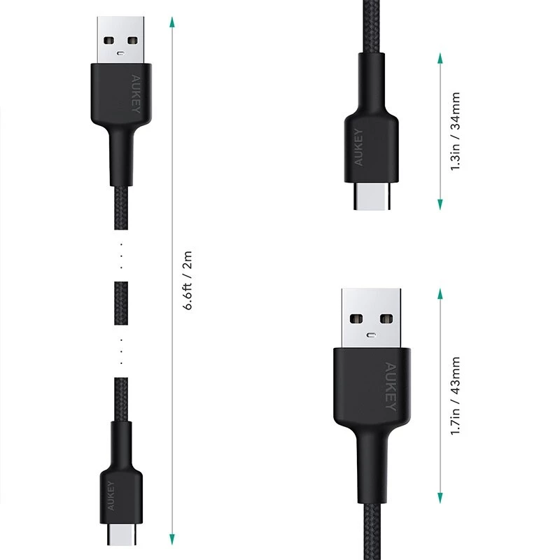 USB-C į USB-A laidas Aukey CB-CA2, nailoninis pintas, Quick Charge 3A, 1 m