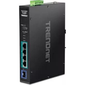 TRENDnet TI-PGM541 – valdomas PoE+ komutatorius, 4x Gigabit PoE+ + 1x SFP, -20 °C – 65 °C, bėgelis/siena
