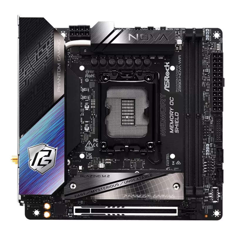 Motininė plokštė ASRock Phantom Gaming Z890I Nova WiFi — Intel Z890, LGA 1851, mini ITX, DDR5, 2x M.2, Wi‑Fi 6E/7, 5Gb LAN, Thunderbolt