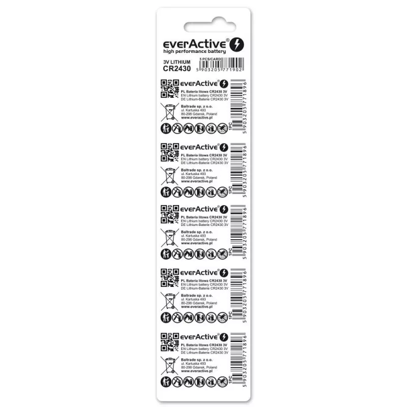 Button elementinė baterija everActive CR2430 ličio 3 V, 24,5 mm × 3 mm, pakuotė po 5 vnt.