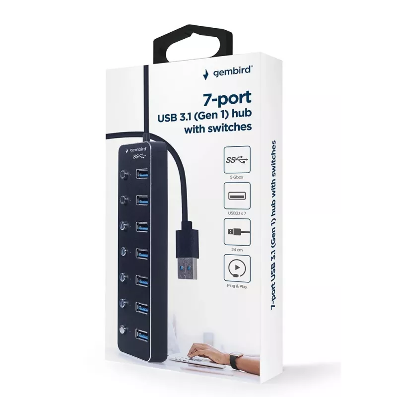 USB šakotuvas Gembird UHB-U3P7P-01, 7 prievadų USB 3.2 Gen 1 (Type-A), 0,24 m laidas, juodas