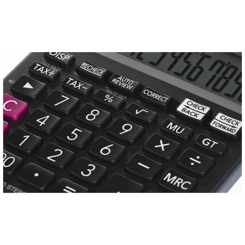 Stalinis skaičiuotuvas CASIO MJ-120D PLUS – 12 skaitmenų, baterija/saulė, 35 klavišai, mokesčių ir kvadratinės šaknies funkcijos, juodas