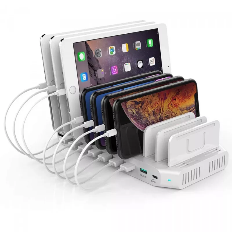 Įkrovimo stotelė Unitek Y-2190A — 10× USB prievadai (8×USB 2.0 + 2×USB 3.2 Gen1), belaidis įkrovimas, 96 W galia
