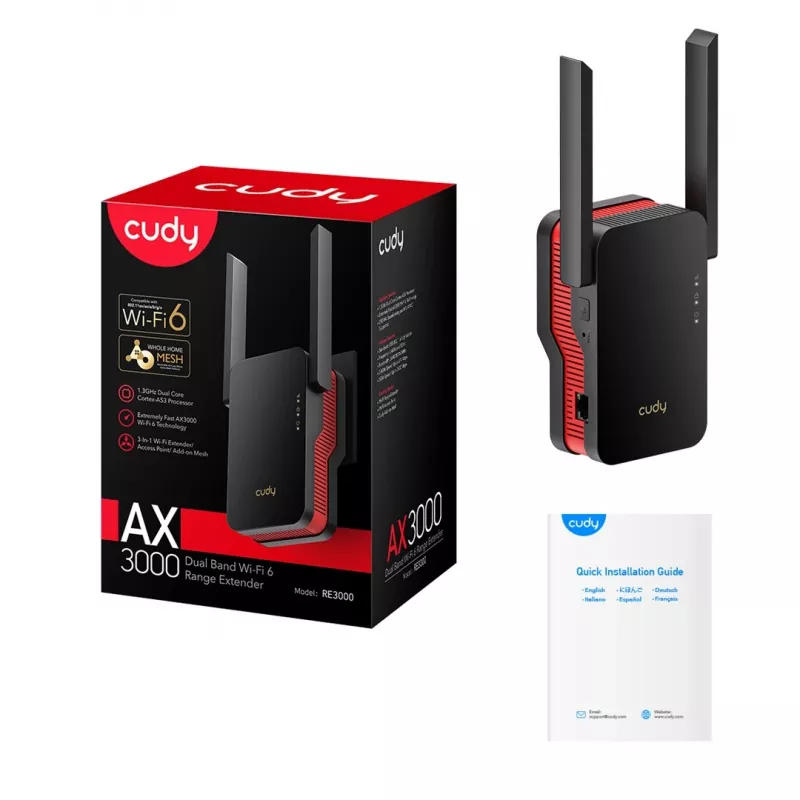 Wi-Fi signalo stiprintuvas Cudy RE3000 2400–5000 MHz, 802.11ax/ac/n/g/b/a, Ethernet 100 Mbps, išorinė antena, juoda/raudona