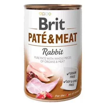 Šlapias šunų ėdalas Brit Paté & Meat with Rabbit 400 g – paštetas skardinėje suaugusiems šunims, baltymai 11%, riebalai 9%