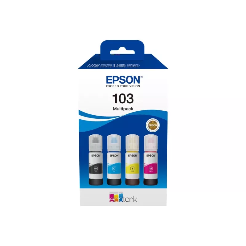 Rašalo kasečių rinkinys Epson EcoTank 103 – Originalus 4 spalvų rinkinys (Juoda, Žydra, Violetinė, Geltona), Juoda 4500 p., Spalvota 7500 p.