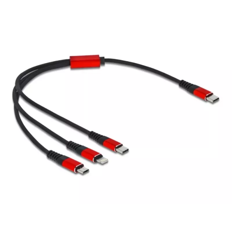 USB įkrovimo laidas DeLOCK 86710 3 in 1 USB Type-C / Lightning / Micro USB 30 cm juodas raudonas