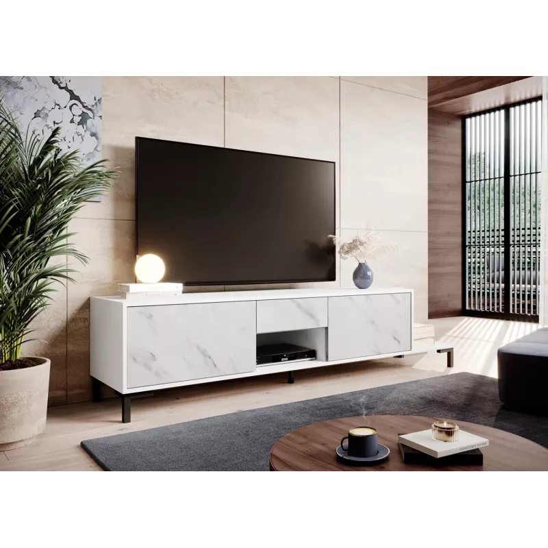 Spintelė TV Cama Meble MARMO 2D1S1K, 195x40x47,5 cm, balta matinė/marmuras baltas viršus