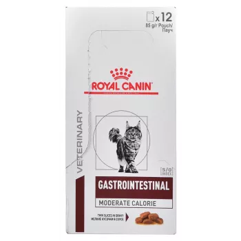 Šlapias kačių ėdalas Royal Canin Gastrointestinal Moderate Calorie 12 x 85 g paketėliai, suaugusioms katėms, mėsos skonio, 82,2% drėgmės