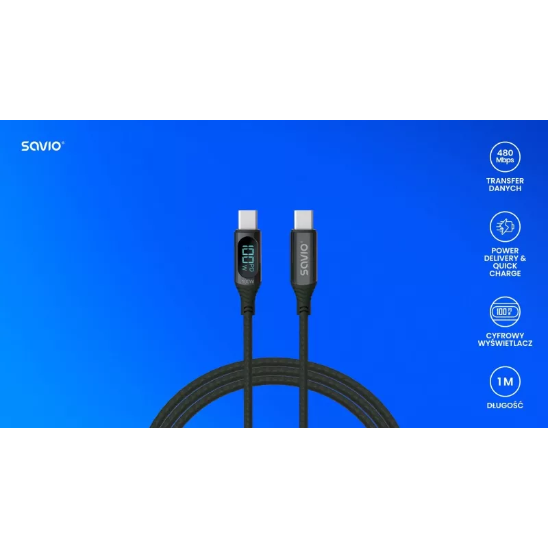 Savio CL-174 USB-C–USB-C kabelis, 100 W, Power Delivery/Quick Charge, skaitmeninis ekranas, 1 m, žalias