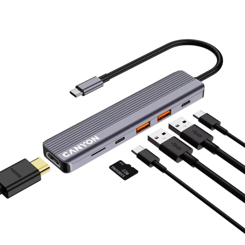 USB Type-C stotelė CANYON DS-17 — HDMI, USB 3.2 Gen 1 A, USB-C, MicroSD, 10000 Mbit/s, pilka