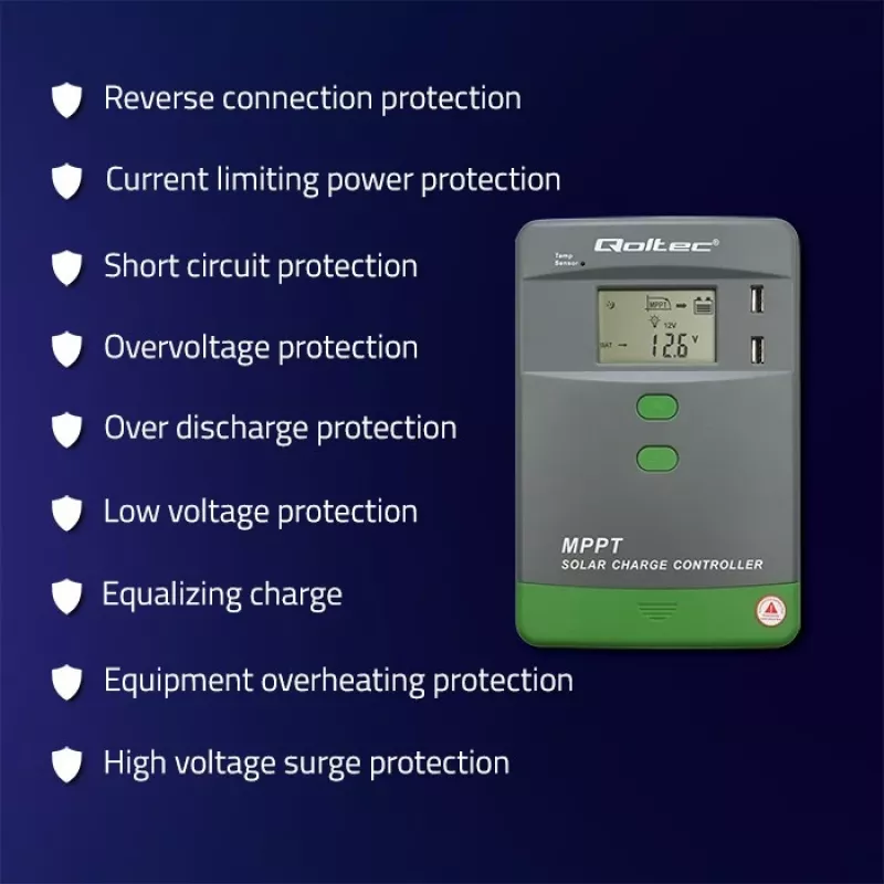MPPT Saulės įkrovos valdiklis QOLTEC 10A 12V/24V su LCD ekranu