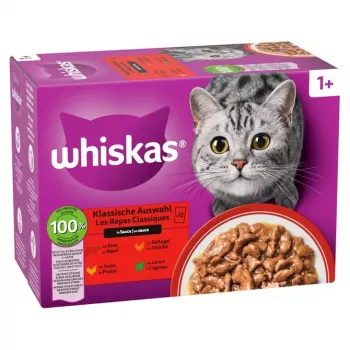 Šlapio maisto paketėliai katėms Whiskas asorti 80 x 85 g – paukštiena, ėriena, jautiena, vištiena