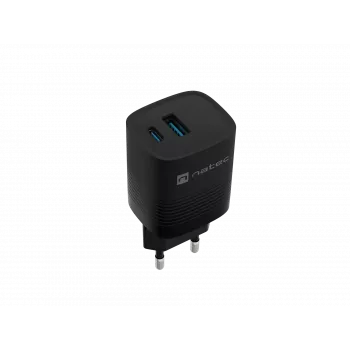 NATEC Ribera GaN NUC-2141 sieninis įkroviklis, 30W, USB-C PD 3.0 + USB-A QC 3.0, 110–240V, juodas