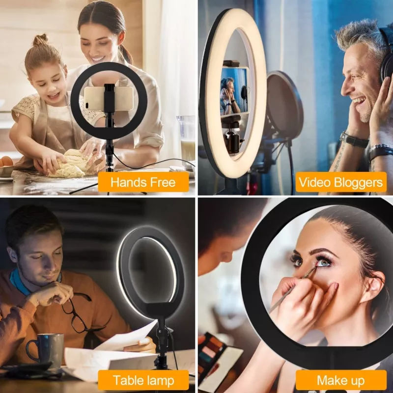 Maclean MCE610 10 colių 12W LED žiedinė šviesa su trikoju ir Bluetooth nuotolinio valdymo pulteliu, 3 spalvų temperatūros, 10 ryškumo lygių (10–100%), 160 LED, išmaniojo telefono laikiklis