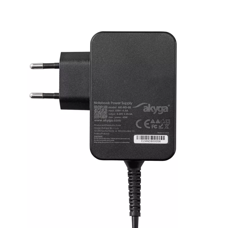 Akyga AK-ND-81 USB-C GaN nešiojamojo kompiuterio maitinimo adapteris 65 W, PD 3.0, 5–20 V, 1,8 m laidas, juodas