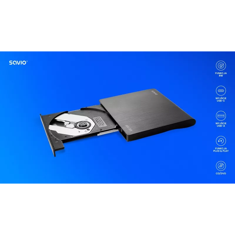 SAVIO AK-59 Išorinis plonas CD/DVD įrašymo įrenginys R/RW - USB-C/USB-A, juodas