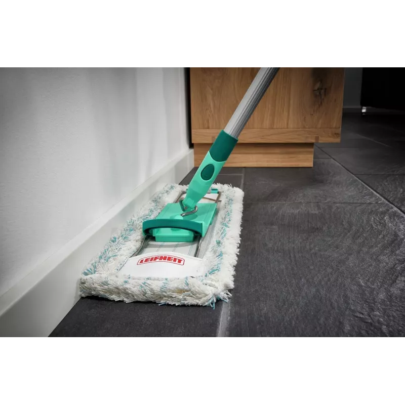 Leifheit Profi XL cotton plus plokščias šluotražis – 420 mm plotis, 360° sukama galvutė, medvilnė/pluoštas, aliumininis kotas