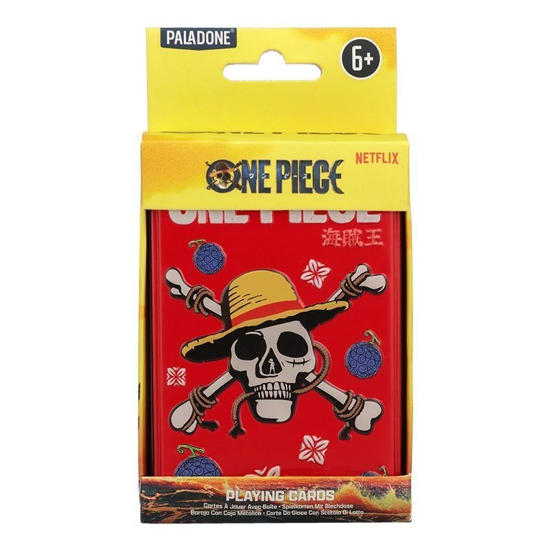 Žaidimo kortos Paladone One Piece metalinėje dėžutėje – standartinis kaladės dydis