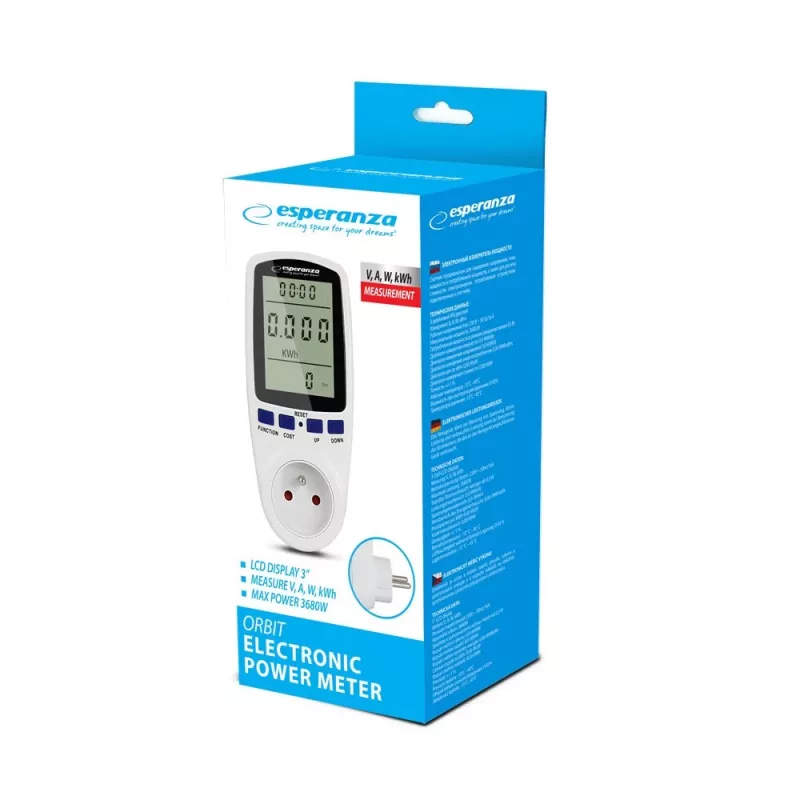 Energijos sąnaudų matuoklis ESPERANZA ELA103 su LCD ekranu — 16 A, 3680 W, 230 V, 50–60 Hz