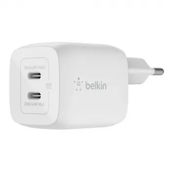 Belkin WCH011vfWH baltas greitas AC įkroviklis su GaN technologija, 2x USB-C, 45 W