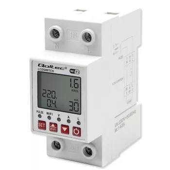 DIN-bėgio WiFi relė QOLTEC 50990, vienkanalė, 63A perjungimas elektros apskaitai ir nuotoliniam valdymui