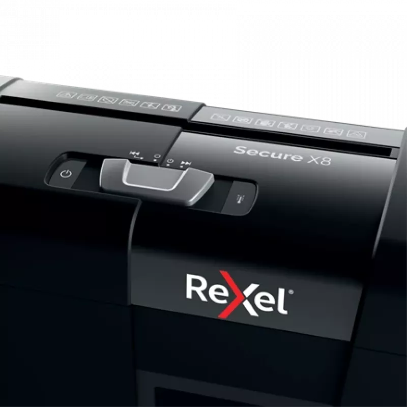 Popieriaus smulkintuvas REXEL Secure X8 – kryžminis pjovimas P-4, 4x40 mm, 8 lapų talpa, 14 L krepšelis, juodas