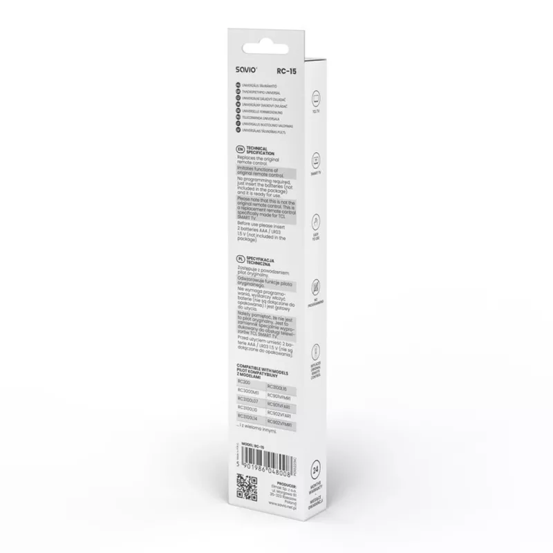 SAVIO universalus TV nuotolinio valdymo pultas RC-15, skirtas TCL SMART TV, IR belaidis, juodas, veikimo atstumas 10 m