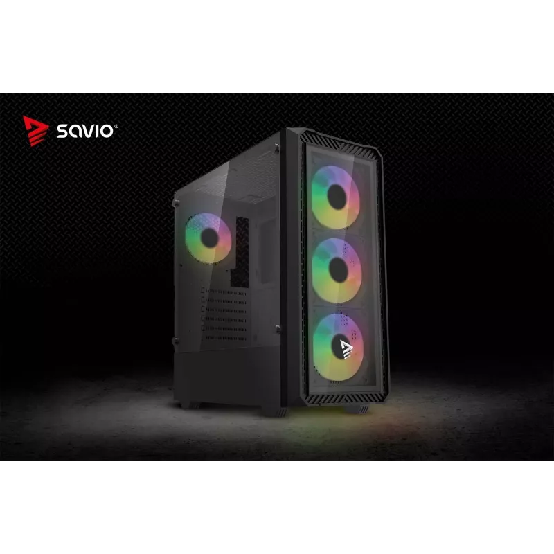 PC korpusas SAVIO Noctis Glass RGB – juodas, ATX/Micro-ATX, 210×410×450 mm, 3×120 mm priekiniai ventiliatoriai