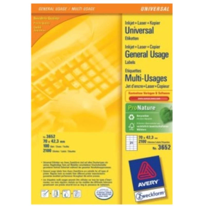 Avery 3652 – etiketės – baltos – 42,3 x 70 mm – 2100 vnt. (100 lapų po 21)