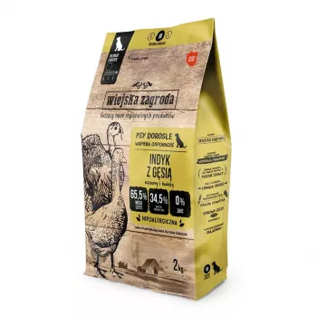 Sausas šunų ėdalas Wiejska Zagroda Kalakutiena su Žąsiena 2 kg — Suaugusiems, be grūdų, 31% baltymų, 20% riebalų