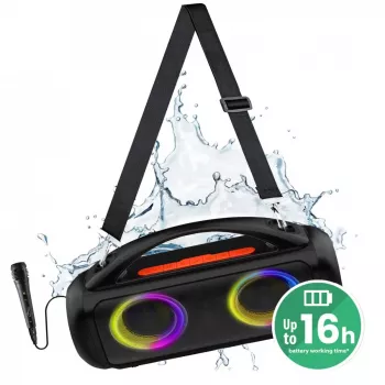 Nešiojamas garsiakalbis MEDIA-TECH MT3184 — Bluetooth 5.3, 60W RMS, IPX5, ličio jonų baterija 16h, USB-C įkrovimas, MicroSD, TWS, mikrofonas, nuotolinio valdymo pultas