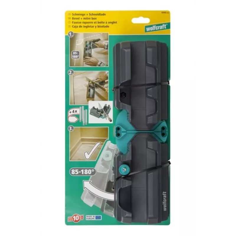 Nuolaidų ir kampų pjovimo šablonas Wolfcraft 6948200 – kampų matuoklis, 85–180° matavimas, lentoms iki 3 cm, juodas