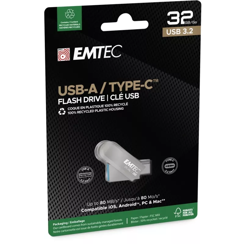 USB atmintukas Emtec D280 32 GB USB Type-A / USB Type-C sidabrinis