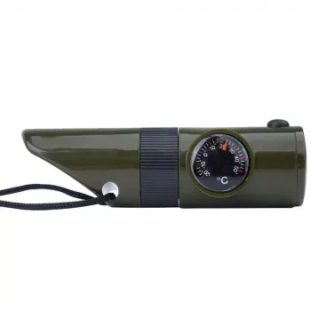 Daugiafunkcis išgyvenimo švilpukas Mil-Tec SP.22073 — 6 viename alyvuogių, kompasas, termometras, veidrodis, didinamasis stiklas, šviesa, 100×35×30 mm