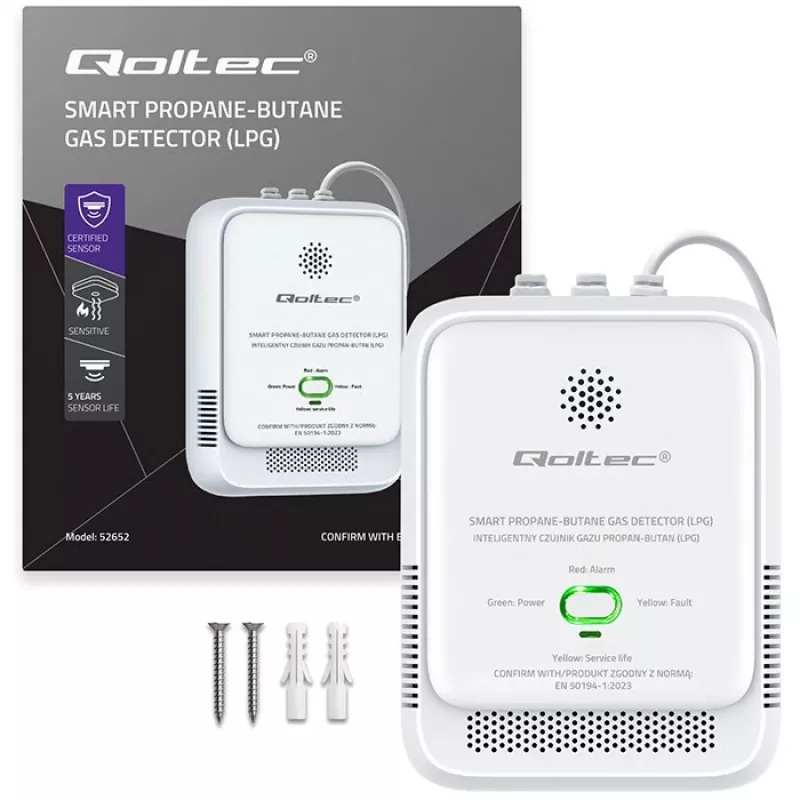 Dujų nuotėkio detektorius QOLTEC 52652 – propanui/butanui (LPG), 85 dB signalas, LED indikatorius