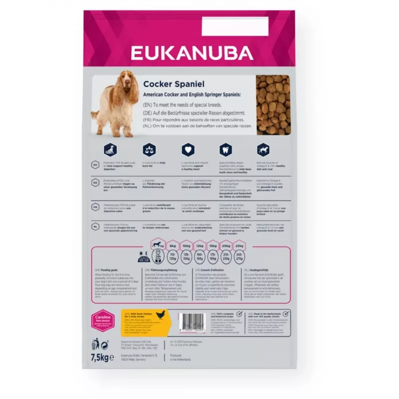 Sausas šunų ėdalas EUKANUBA Breed Specific Cocker Spaniel 7,5 kg – vištiena, suaugusiems, oda ir kailis, širdies palaikymas