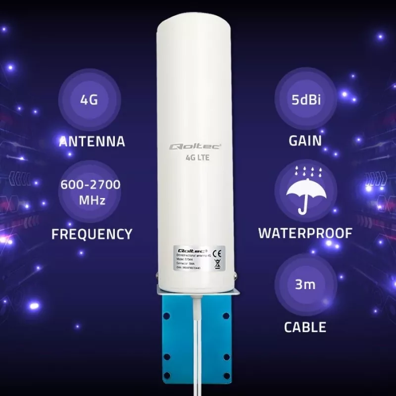 Outdoor omnidirectional 4G LTE antena QOLTEC 57044, 5 dBi, 600–2700 MHz, 50 W, 50 Ω, baltas varinis korpusas