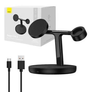 Baseus Swan 3-in-1 belaidis magnetinis įkrovimo stovas 20W juodas universalus (su USB tipo-C 3A 1m laidu)