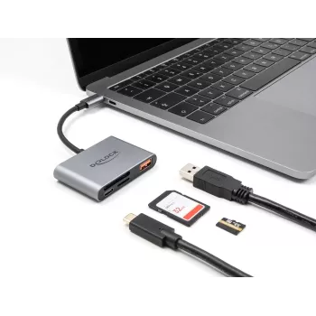 Delock 91016 USB-C atmintinių kortelių skaitytuvas SD ir microSD kortelėms su USB-A prievadu ir USB-C PD