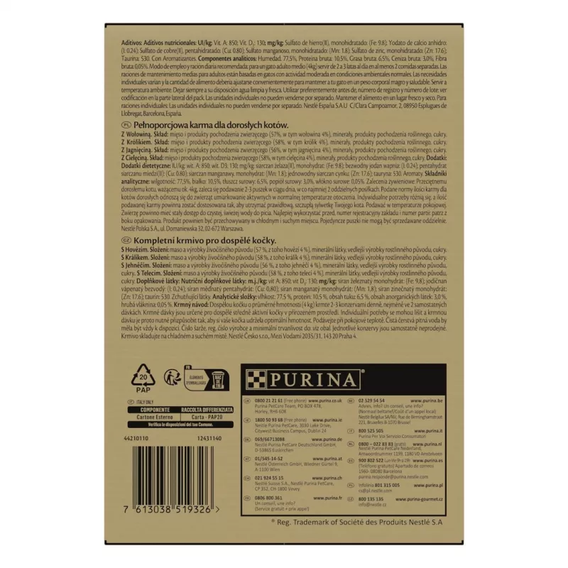 Šlapias kačių ėdalas Purina Nestlé GOURMET Gold Mus Mix — 96 x 85 g, 4 skoniai, suaugusioms katėms, 77,5% drėgmės