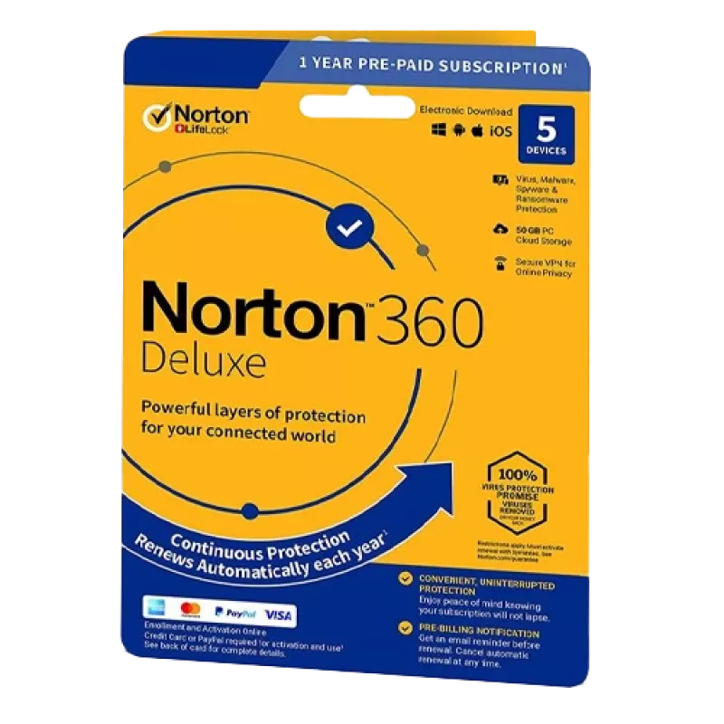 Norton 360 Deluxe | 5 įrenginiai | 1 metai | 50 GB debesies saugykla | ES | NE prenumerata