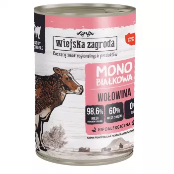 Šlapias kačių ėdalas wiejskazagroda Monoprotein Beef 400 g – pilnavertis konservuotas ėdalas suaugusioms katėms