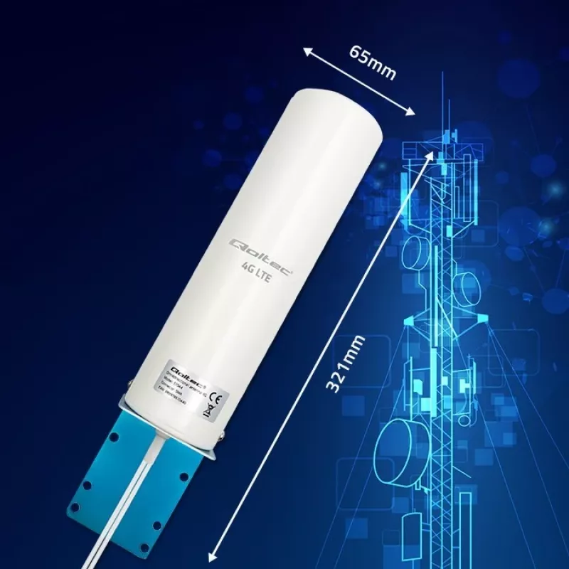 Outdoor omnidirectional 4G LTE antena QOLTEC 57044, 5 dBi, 600–2700 MHz, 50 W, 50 Ω, baltas varinis korpusas